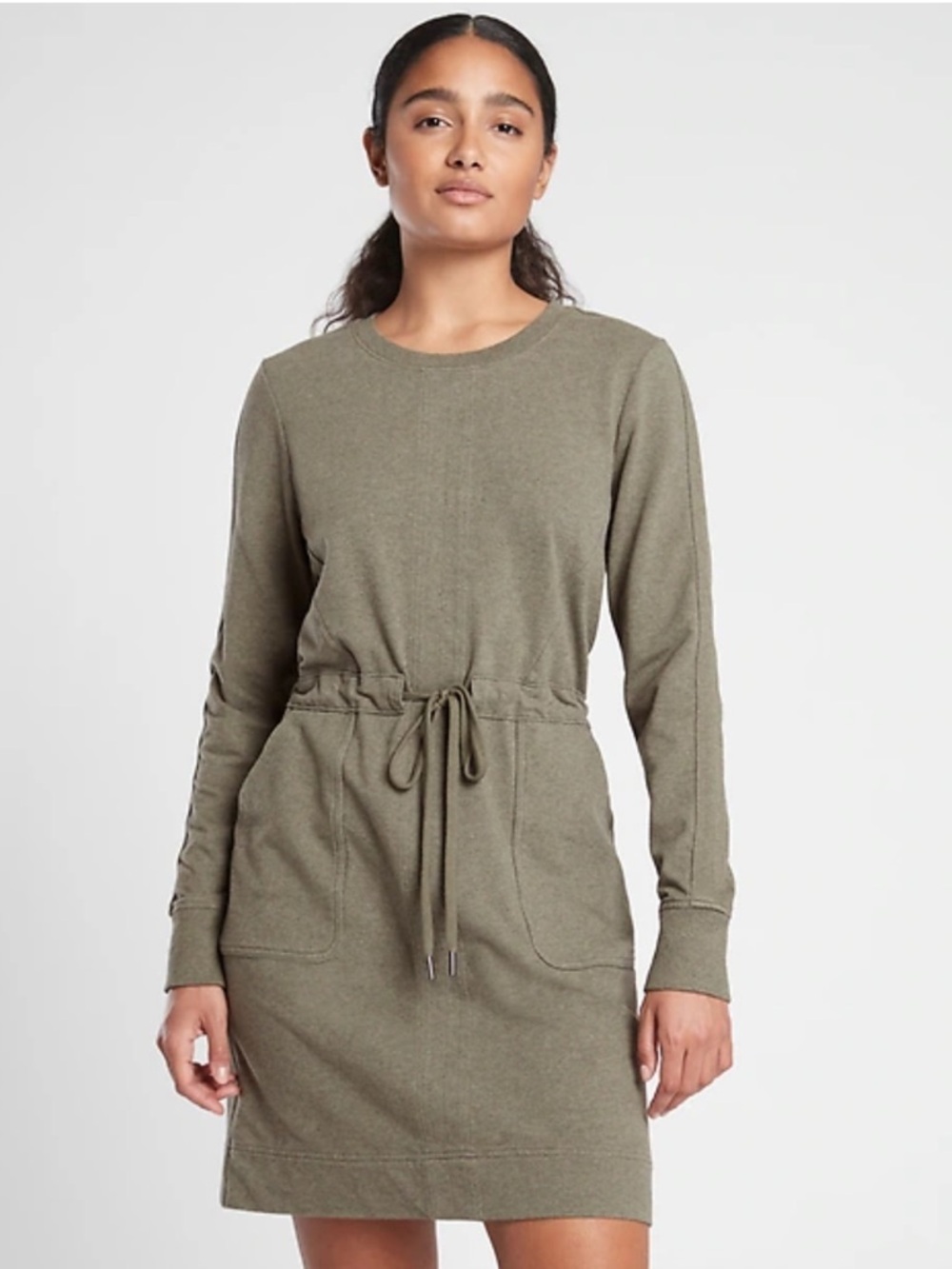 Athleta Farallon Heather Drawstring Sweatshirt Dress - Olive Green